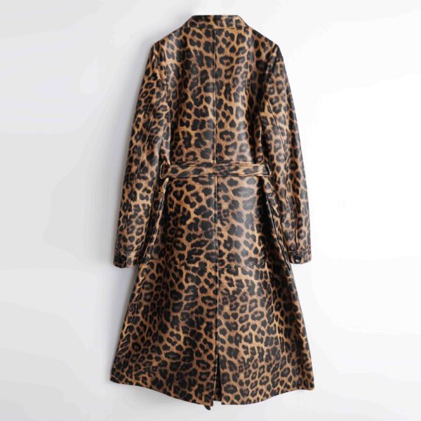 Luxury Leopard Print Genuine Sheepskin Leather Trench Coat for Women - Image 2
