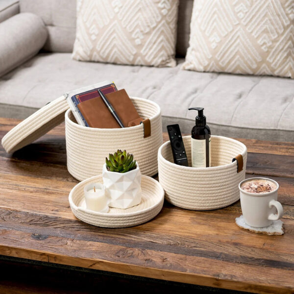 Premium Jute & Cotton Rope Storage Baskets with Lids - Image 2