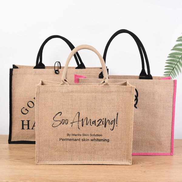 Reusable Printed Jute Tote Bag with Cotton Handles - Image 3